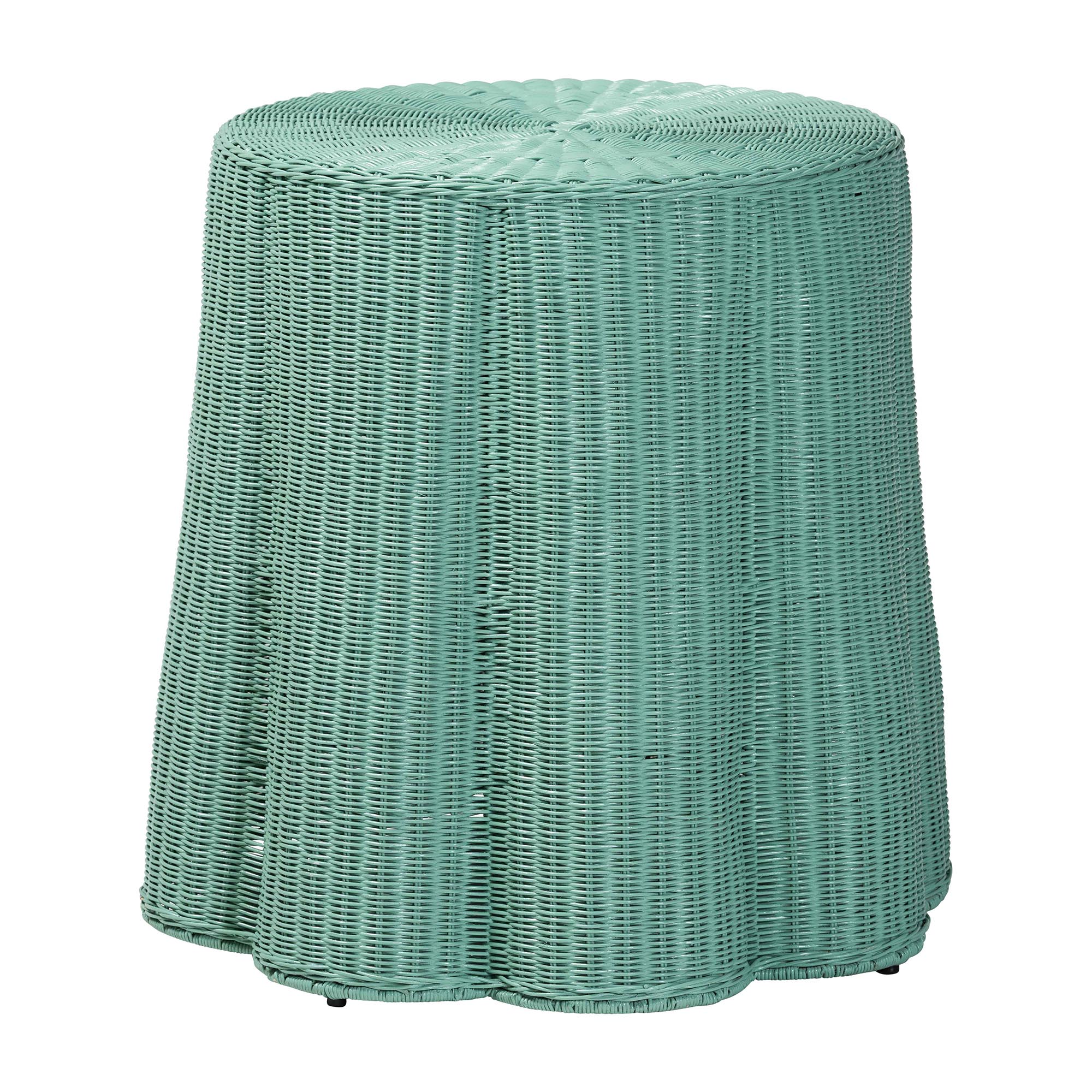 bali & pari Palm Scallop Natural Rattan Console Table - Handwoven Wicker Round Accent Table for Living Room, Sunroom or Foyer Place, Coastal Boho Style in Teal Green Affordable modern furniture in Chicago, classic living room furniture, modern console table, cheap console table
